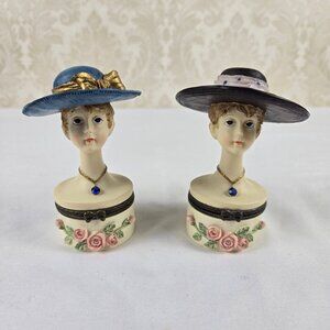 Set of 2 Trinket Boxes Ladies Wearing Hats Floral Accents on Base Resin Crystal